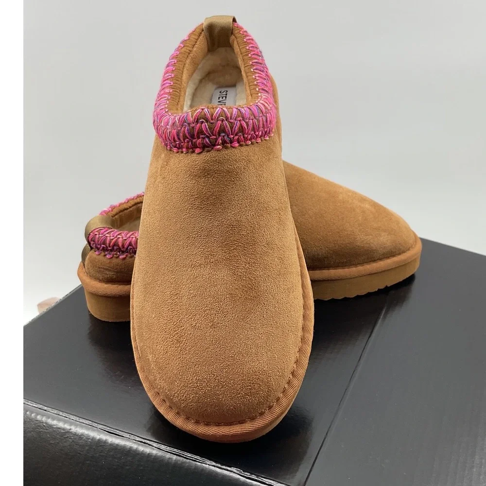 Steve Madden Kids Chestnut Suede Slippers Pink Purple Braided Trim Slip On